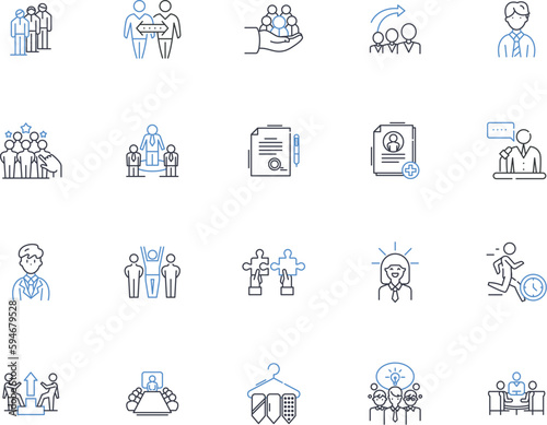 Clerical staff line icons collection. Organized, Detail-oriented, Efficient, Adaptable, Professional, Reliable, Resourceful vector and linear illustration. Multitasking,Punctual,Experienced outline