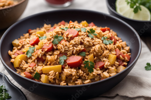 Pilaf with meat and vegetables in a pan on a wooden table. jambalaya. Generative AI