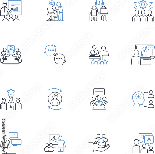 Symposium line icons collection. Conference, Discussion, Dialog, Colloquium, Forum, Conclave, Gathering vector and linear illustration. Meetup,Seminar,Convention outline signs set