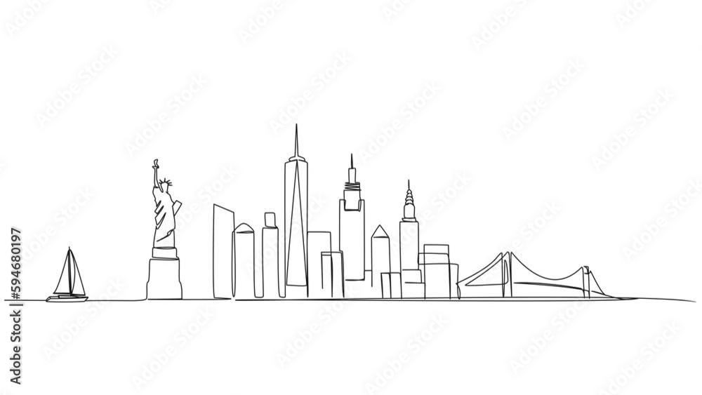 animated continuous single line drawing of abstract New York City skyline, line art NYC city scape animation