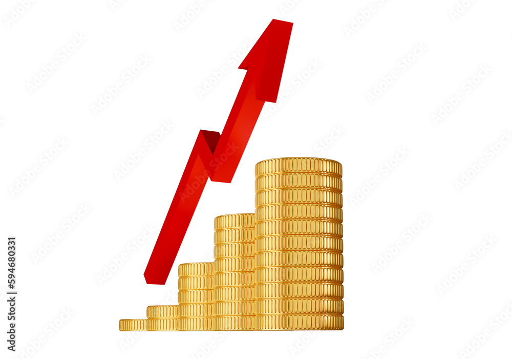 Fototapeta premium Gold coins with red arrow transparency 3D rendering illustration