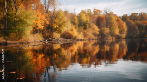 A serene and calming shot of a calm lake surrounded by trees with fall foliage.