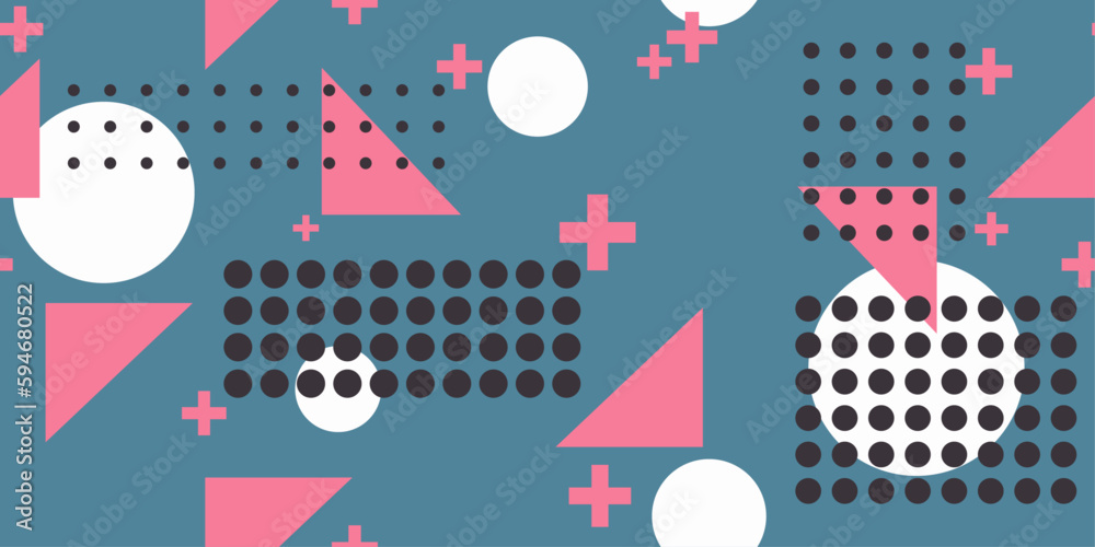 Pink blue memphis, seamless and vector. For prints, seamless surfaces, pillows, textiles, wallpaper, packaging, interior.