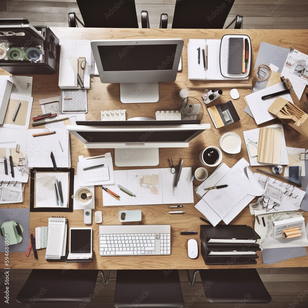 Stationary Office Aerial View Administration Concept. generative ai Stationary Office Aerial View Administration Concept. generative ai