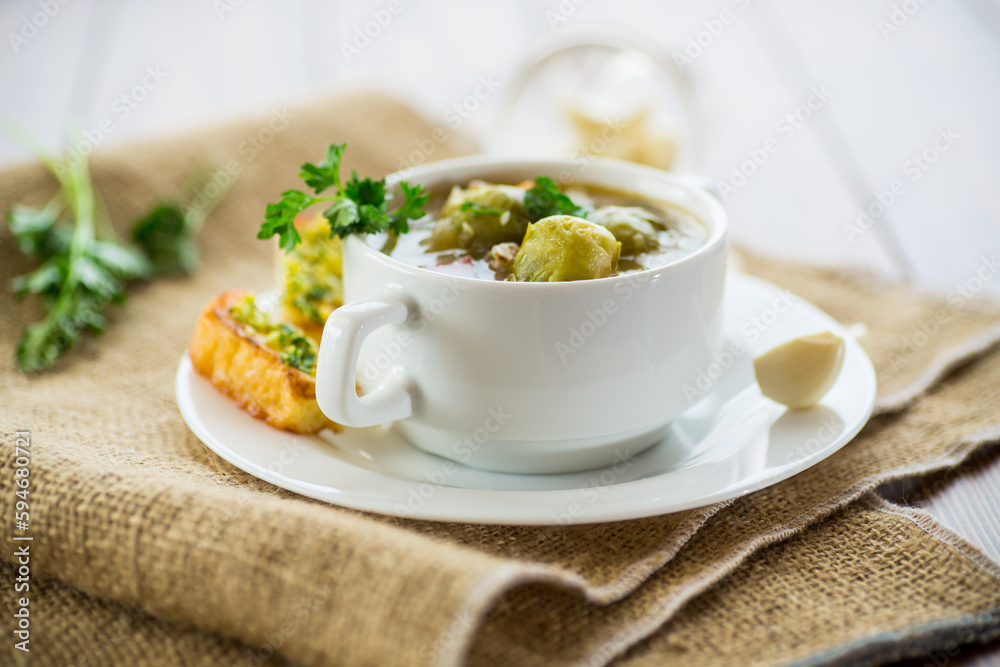 Hot cooked soup with Brussels sprouts, vegetables and croutons, in a plate. Hot cooked soup with Brussels sprouts, vegetables and croutons, in a plate.