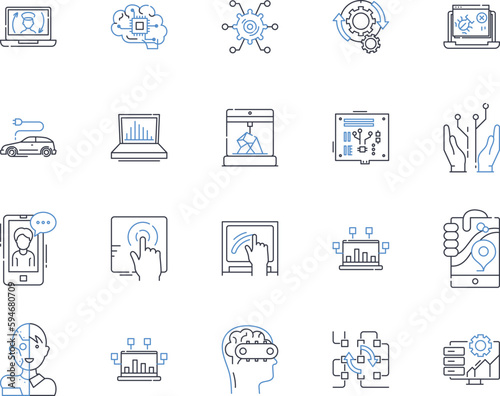 IT infrastructure line icons collection. Servers, Routers, Switches, Firewalls, Storage, Nerk, Wireless vector and linear illustration. Cloud,Virtualization,Backup outline signs set