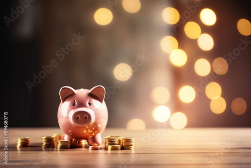 Investment Concept with Piggy Bank and Stack of Coins on Table Against Blurred Home Background
