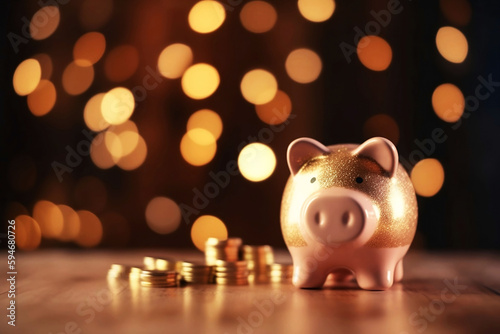 Investment Concept with Piggy Bank and Stack of Coins on Table Against Blurred Home Background