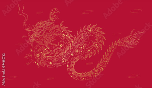 Happy Chinese New Year 2024. Chinese dragon, line drawing gold modern flower pattern. On red background for card design print media. China lunar calendar animal. Vector EPS 10.