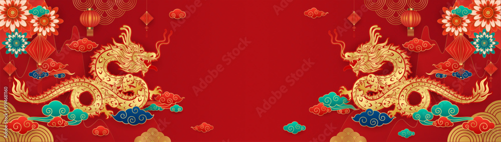 Happy Chinese New Year. Dragon gold and flower cloud on red mountain background for festival banner design. With space for text. China lunar calendar animal zodiac. Vector EPS10.