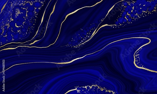 Marble Dark Blue and Gold Abstract Background. Fluid Acrulic Art Imitation.
