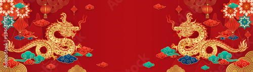 Happy Chinese New Year. Dragon gold and flower cloud on red mountain background for festival banner design. With space for text. China lunar calendar animal zodiac. Vector EPS10.