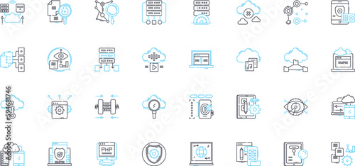 Virtual transformation linear icons set. Digitization, Modernization, Innovation, Disruption, Automation, Optimization, Efficiency line vector and concept signs. Agility,Flexibility,Integration