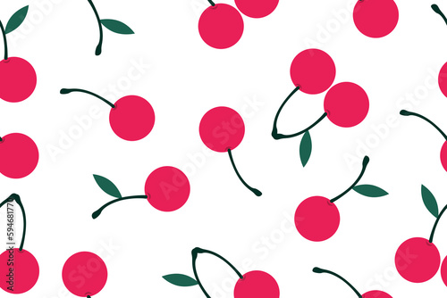 Image of cherry fruits with green leaves on a white background vector illustration. Cute cartoon fruit pattern, flat design for fashionable print. Vector illustration