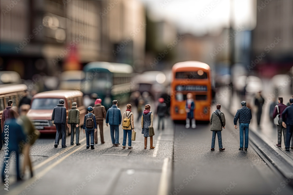 Miniature crowded people figurines walking through intersection street of city during rush hour in urban business area, created with Generative AI.