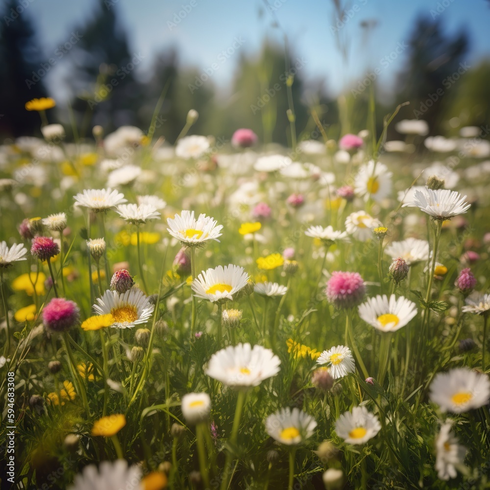 Meadow with lots of white and pink spring daisy flowers and yellow dandelions in sunny day. generative ai Meadow with lots of white and pink spring daisy flowers and yellow dandelions in sunny day. generative ai
