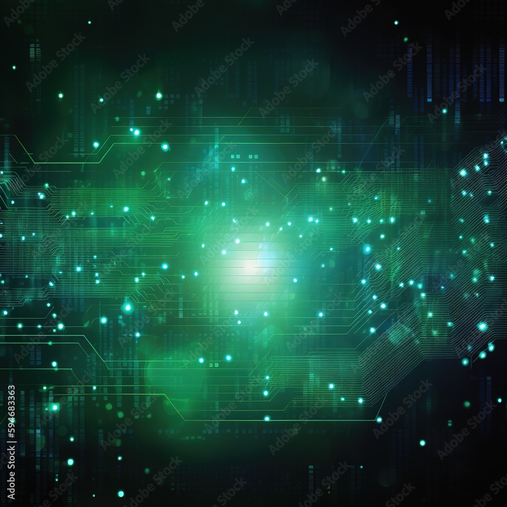 Fototapeta premium Digital technology banner green blue background concept, cyber technology circuit, abstract tech, innovation future data, internet network. generative ai