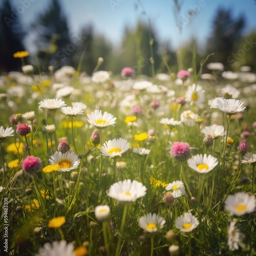 Meadow with lots of white and pink spring daisy flowers and yellow dandelions in sunny day. generative ai