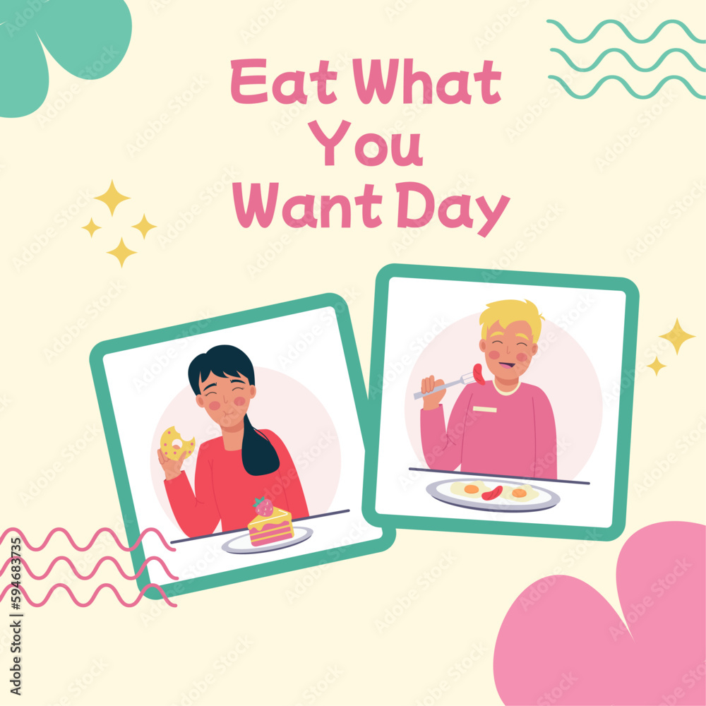 People eat unhealthy food. Eat What You Want Day background, banner