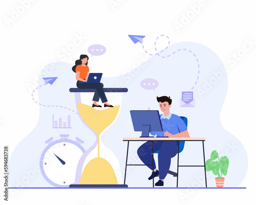 Tiny people sitting and standing near hourglass and working together with laptops, concept of Time management and business planning.