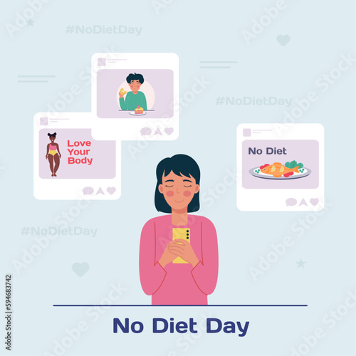 A woman browsing social media messages. Body acceptance, rejection of diets. No Diet Day