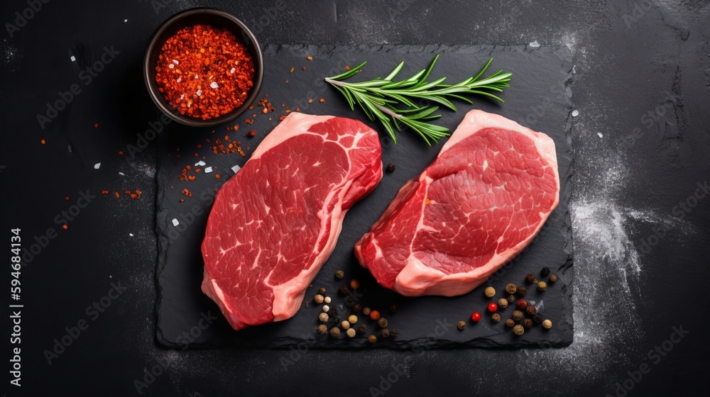 Meat Lover's Delight: Raw Steak on Slate - Two Raw Steaks on Dark Shale Rock Meat Lover's Delight: Raw Steak on Slate - Two Raw Steaks on Dark Shale Rock