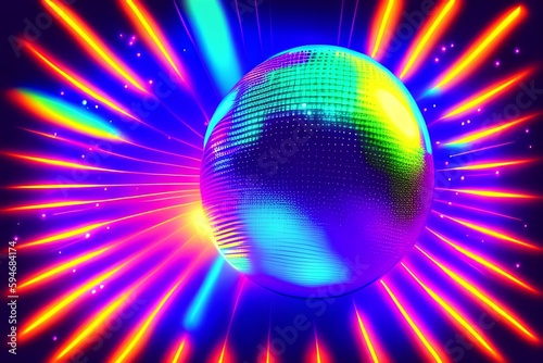 Neon illuminated disco ball with glowing rays. Music and dance night party background. - generative ai