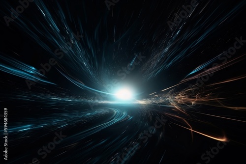 abstract spacescape, black hole. light warp speed motion blur background. generative AI photo