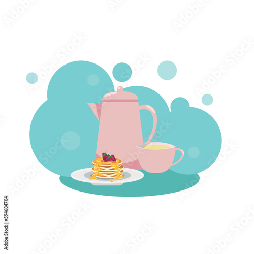 Wallpaper Mural Vector illustration. Breakfast set. Breakfast illustration. Teapot with a cup of tea and pancakes on a plate. Torontodigital.ca