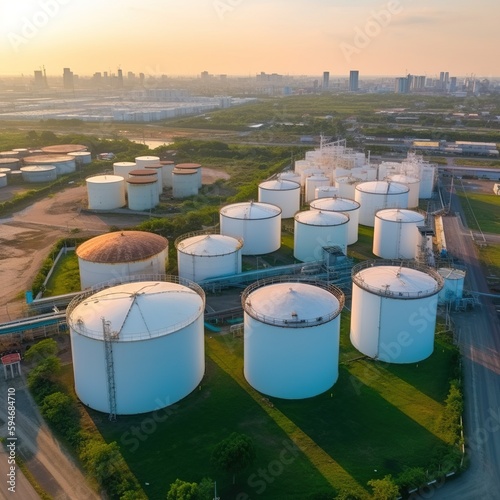 Aerial view oil and gas terminal storage tank farm,Tank farm storage chemical petroleum petrochemical refinery product . generative ai
