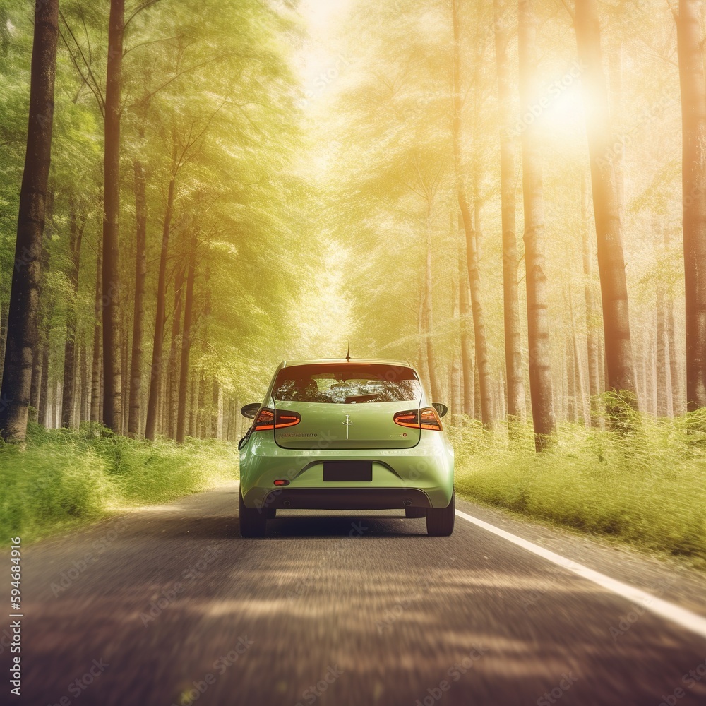Electric car and EV energy for the environment, EV car on forest road with earth planet passing through forest, Ecosystem ecology healthy environment. generative ai
