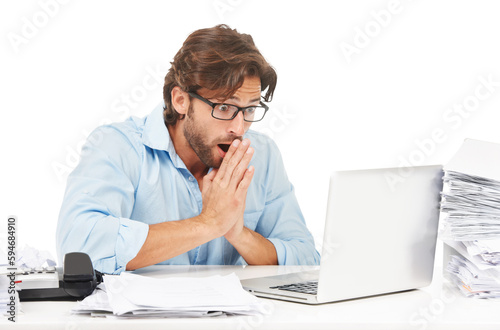 Shocked, mistake and business man with laptop and glitch, paperwork or internet problem surprise. Male accountant with anxiety, technology fail and news email isolated on transparent, png background
