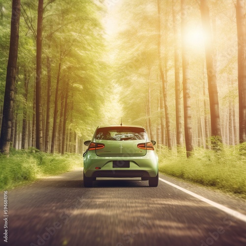 Electric car and EV energy for the environment  EV car on forest road with earth planet passing through forest  Ecosystem ecology healthy environment. generative ai