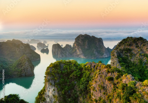 Dawn at the limestone rocks of Ha Long Bay, Vietnam
