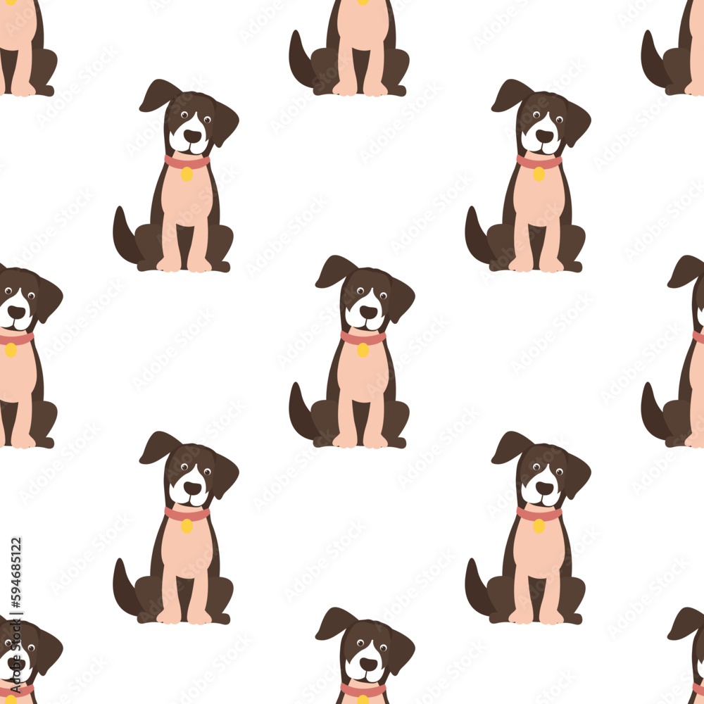 Seamless pattern with funny sitting dog. Cute pet, texture. Wallpaper with a doggy in collar. Kids pattern with domestic animal.