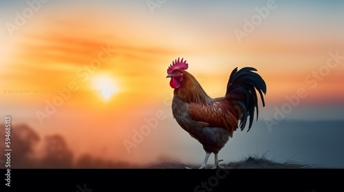 Rise and Shine: Rooster on Blurred Beautiful Sunrise Sky