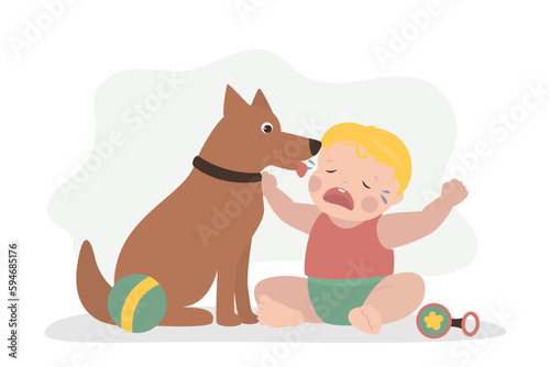 Little caucasian girl is crying lot, adorable dog trying to calm cute child. Funny pet licks infant kid. Animal shows feelings for crying baby.