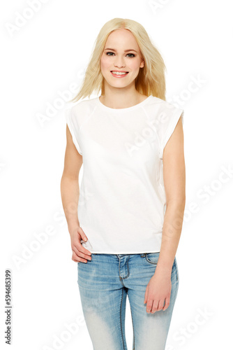 Happy woman, blond hair and fashion standing in denim jeans with natural cosmetics. Portrait of beautiful female model posing with casual outfit in happiness isolated on a transparent PNG background © Shrikant/peopleimages.com