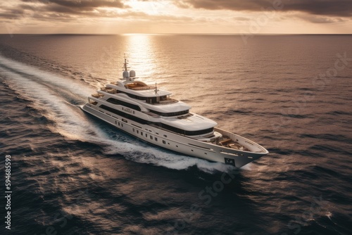 Front aerial view of super Yacht at the sunset. Generative AI