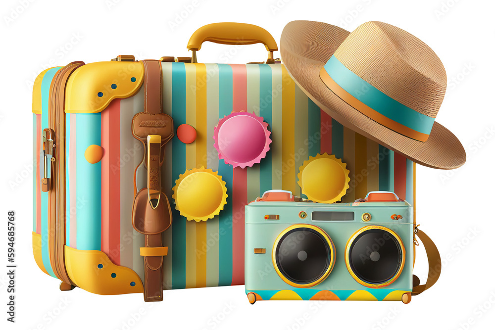 3d illustration suitcase with sun glasses, hat and camera, travel concept. minimal style, isolated on white and transparent background, ai generate - obrazy, fototapety, plakaty 