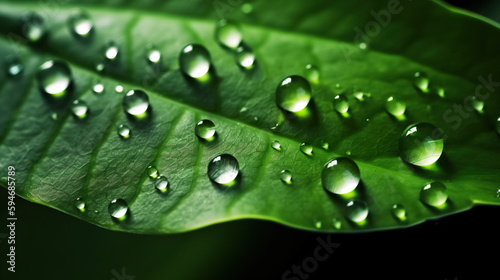 Large beautiful drops of transparent rain water on a green leaf macro. Drops of dew in the morning glow in the sun. Beautiful leaf texture in nature. Natural background. Generative AI