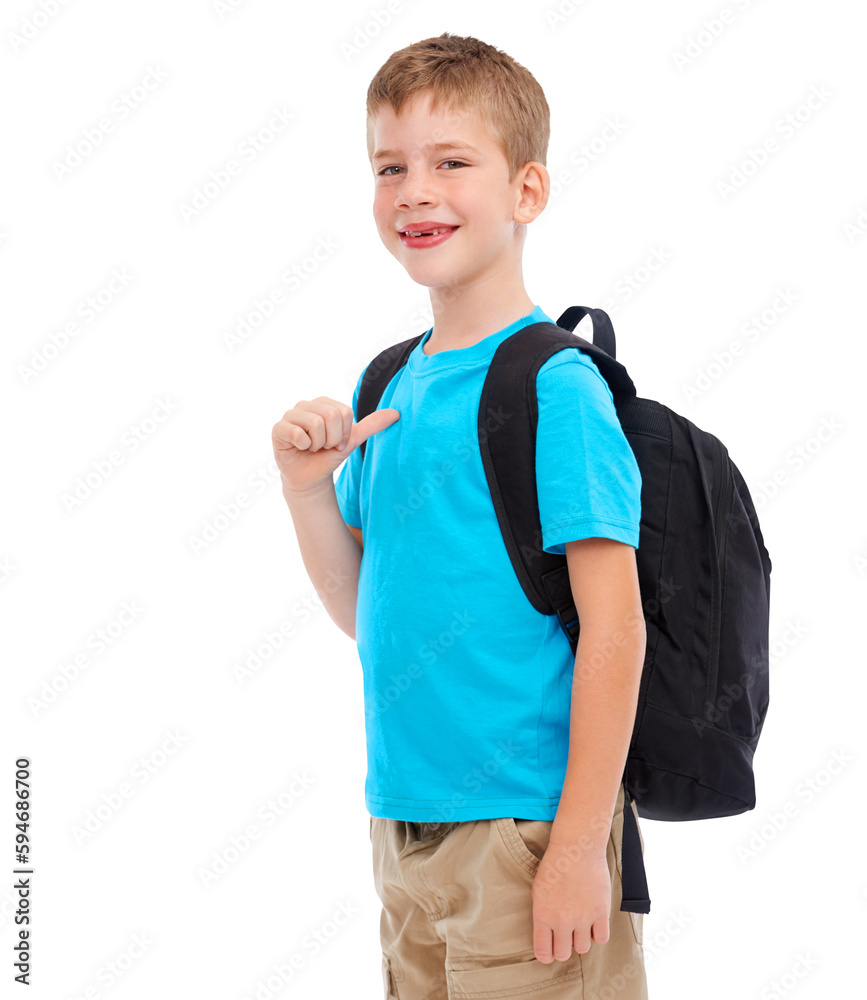 Happy young boy, cool portrait and casual outfit in back to school, smile and point to himself with backpack. Little child ready to start learning in new year isolated on a transparent PNG background Happy young boy, cool portrait and casual outfit in back to school, smile and point to himself with backpack. Little child ready to start learning in new year isolated on a transparent PNG background