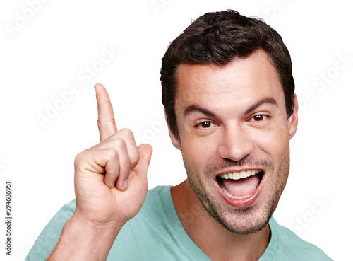 Announcement, happy and face of man pointing at information isolated in a transparent png background. Smile, promo and male person feeling excited making hand sign showing promotion or brand