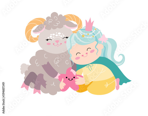 Zodiac signs cute illustration flat. little princess with sheep like Aries astrological sign. Colorful vector baby illustration isolated on white background. Astrological symbol as a cartoon character