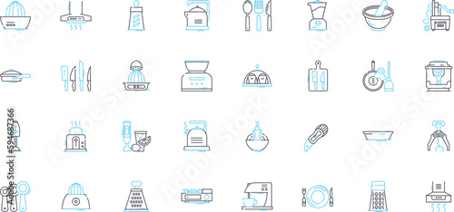 Galley linear icons set. Kitchen, Cooking, Food, Boats, Ship, Nautical, Cruise line vector and concept signs. Restaurant,Menu,Prep outline illustrations