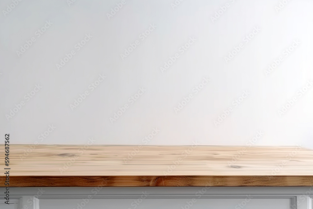 Wooden tabletop with white wall on background for display or montage. Free space wood table top. AI generated image Wooden tabletop with white wall on background for display or montage. Free space wood table top. AI generated image