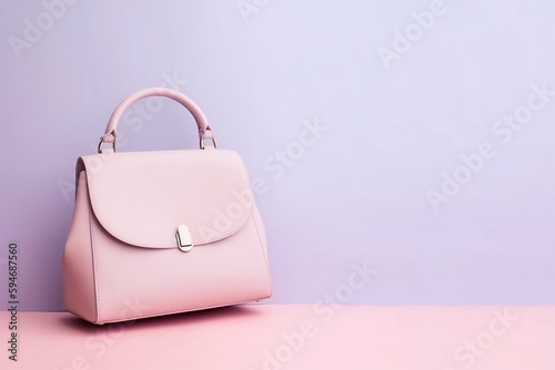 Fashion woman bag on pastel background, space for text. Minimal fashion concept, female accessories. AI generated image