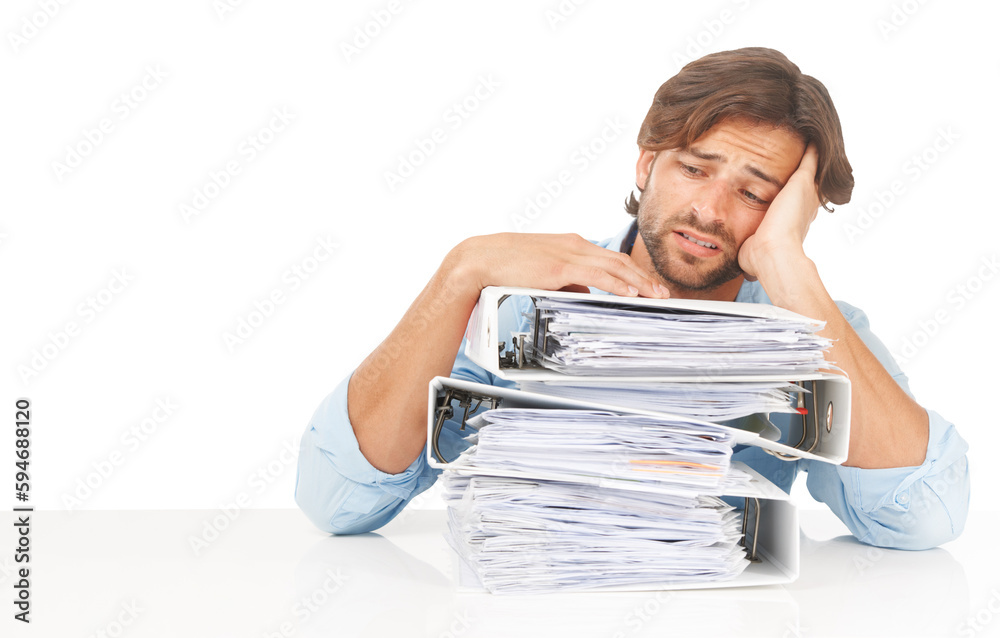 Accountant, thinking and man with stack of folders isolated on transparent png background. Accounting, pile of documents and sad business person, depressed or fatigue, overwork or stress with burnout - obrazy, fototapety, plakaty 