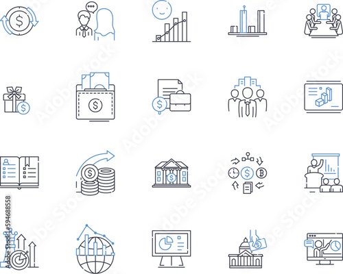 Financial modeling and simulation line icons collection. Forecasting, Analysis, Simulation, Projections, Planning, Valuation, Optimization vector and linear illustration. Scenarios,Sensitivity,Risk