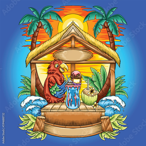 Parrot Chilling on Beach Cartoon